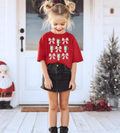 Red kids T-shirt with colorful bow and holiday candy graphic, short sleeves