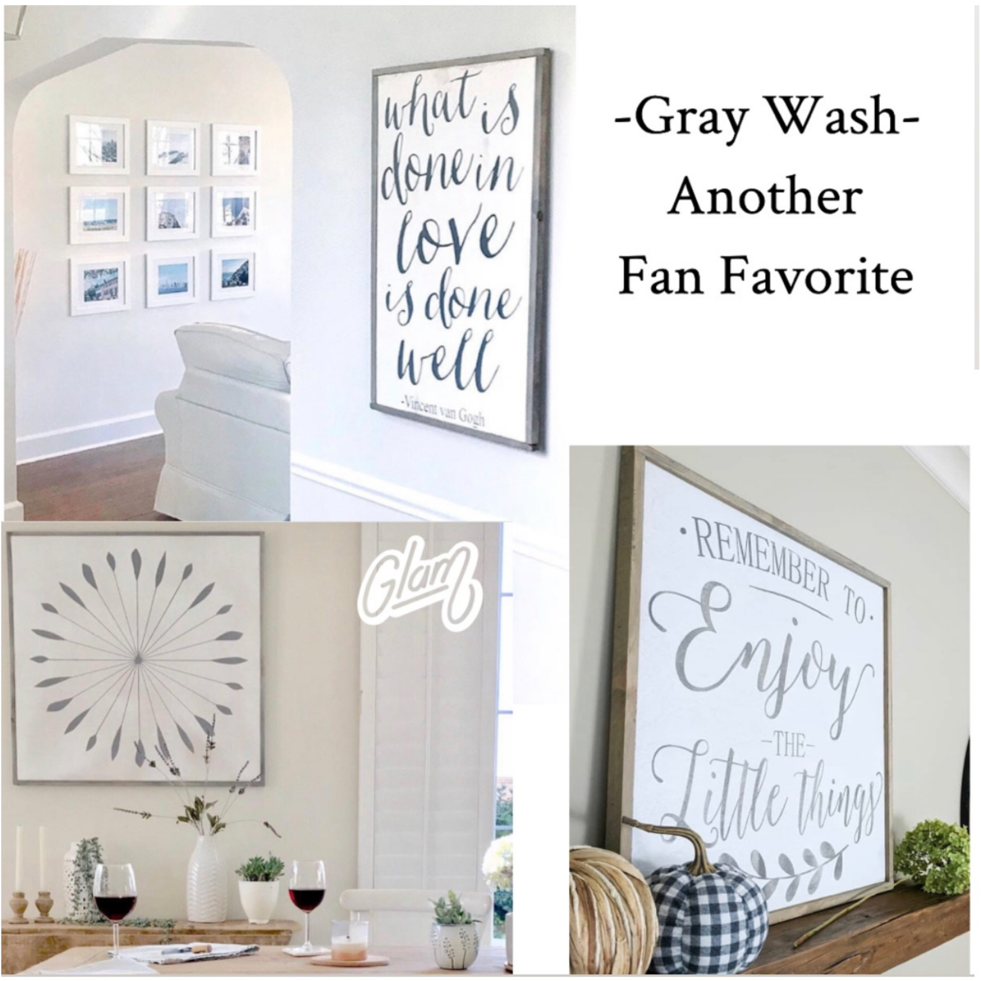 Framed wood wall sign with gray washed frame and script quote text