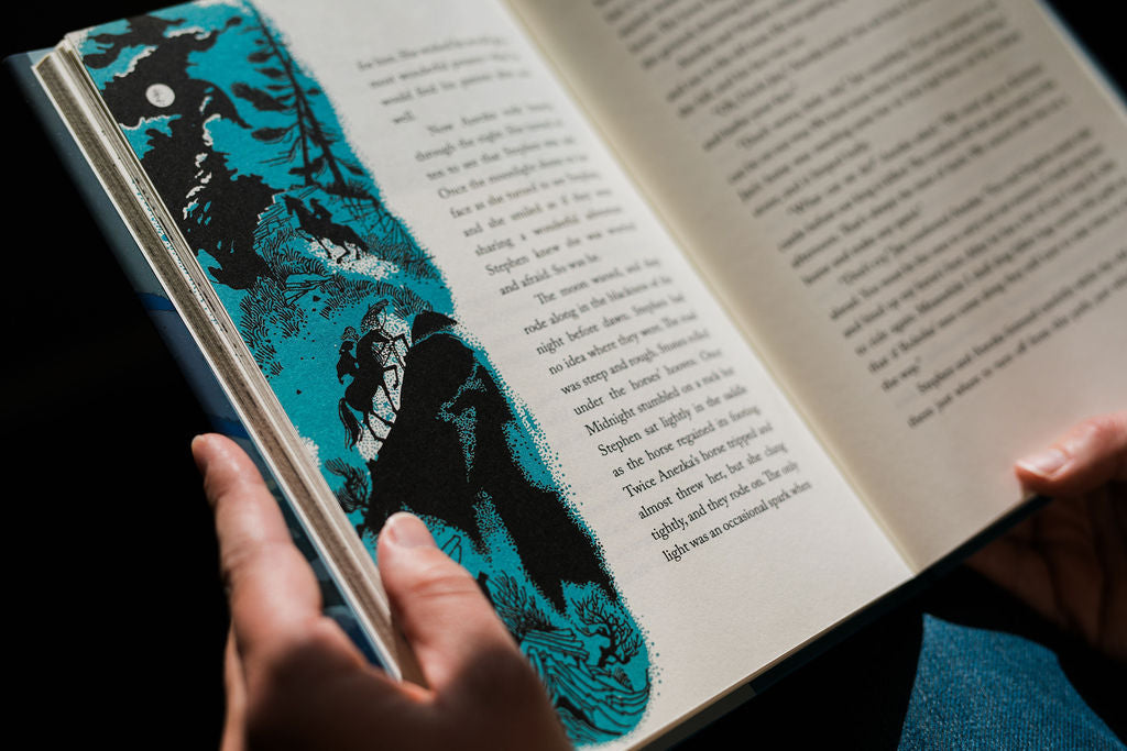 Hardcover book page close-up with teal illustration and small printed paragraphs