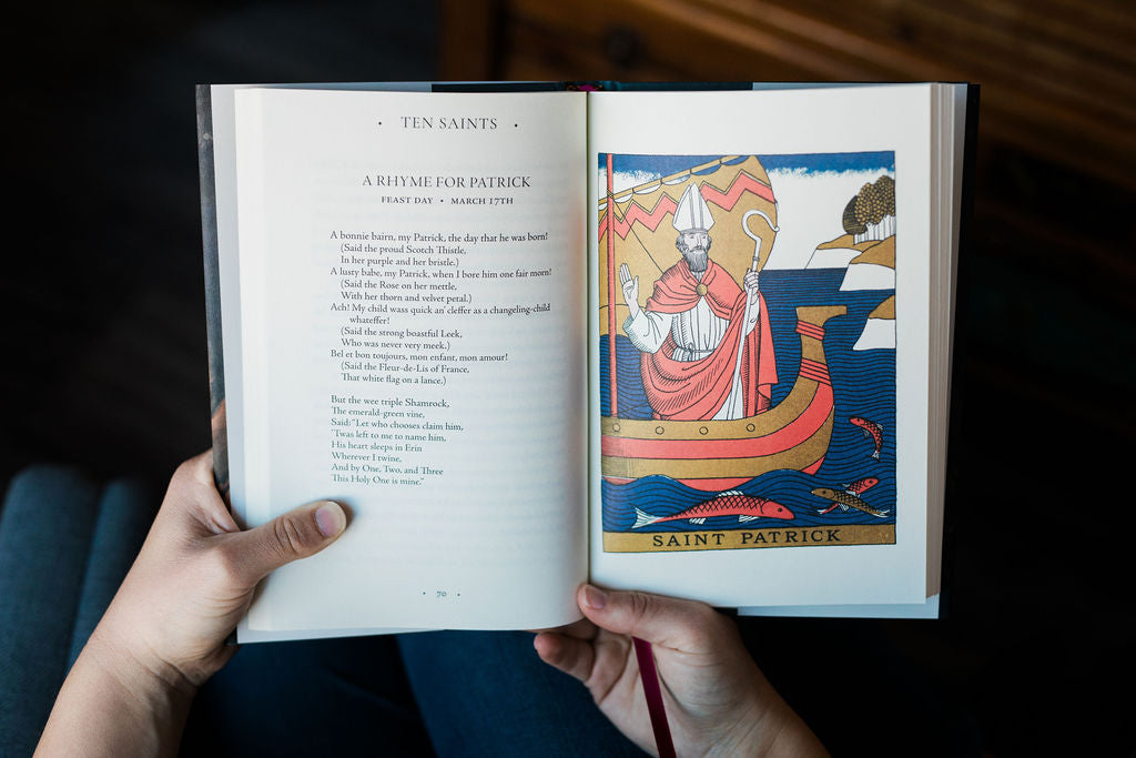 Open Saints book showing text and an illustrated "SAINT PATRICK" page