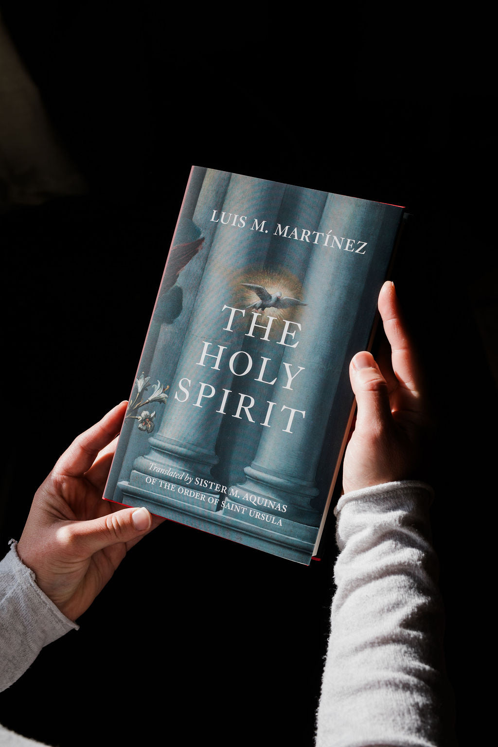 Holy Spirit book held in hands, showing teal cover and large title lettering
