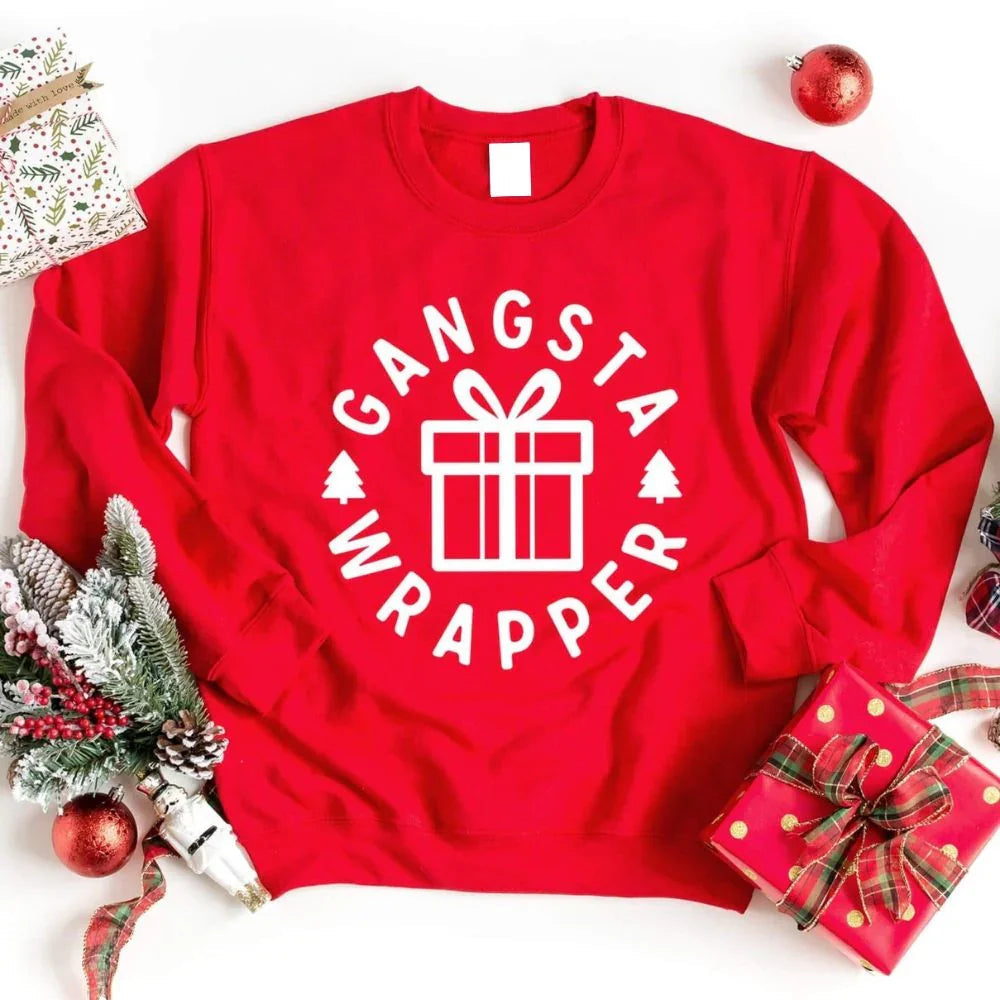 Red crewneck sweatshirt with circular “Gangsta Wrapper” gift graphic and long sleeves