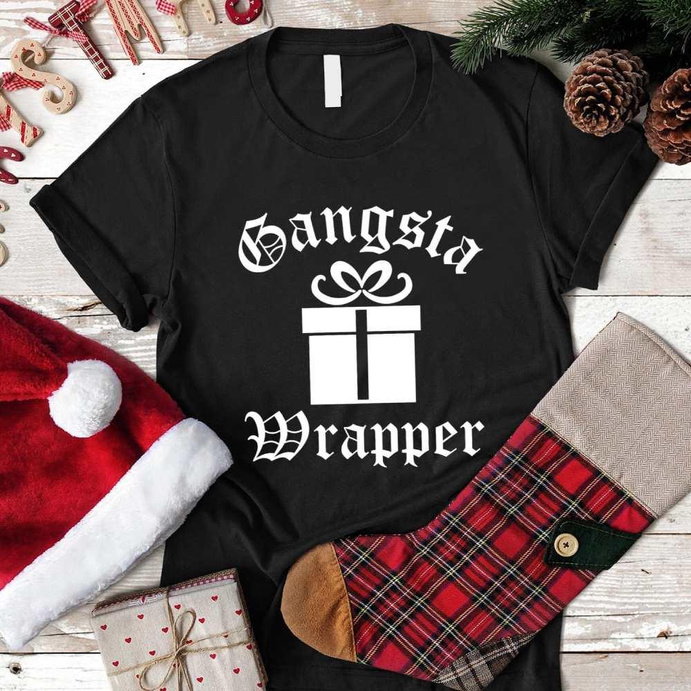 Black short-sleeve crewneck tee with white "Gangsta Wrapper" graphic