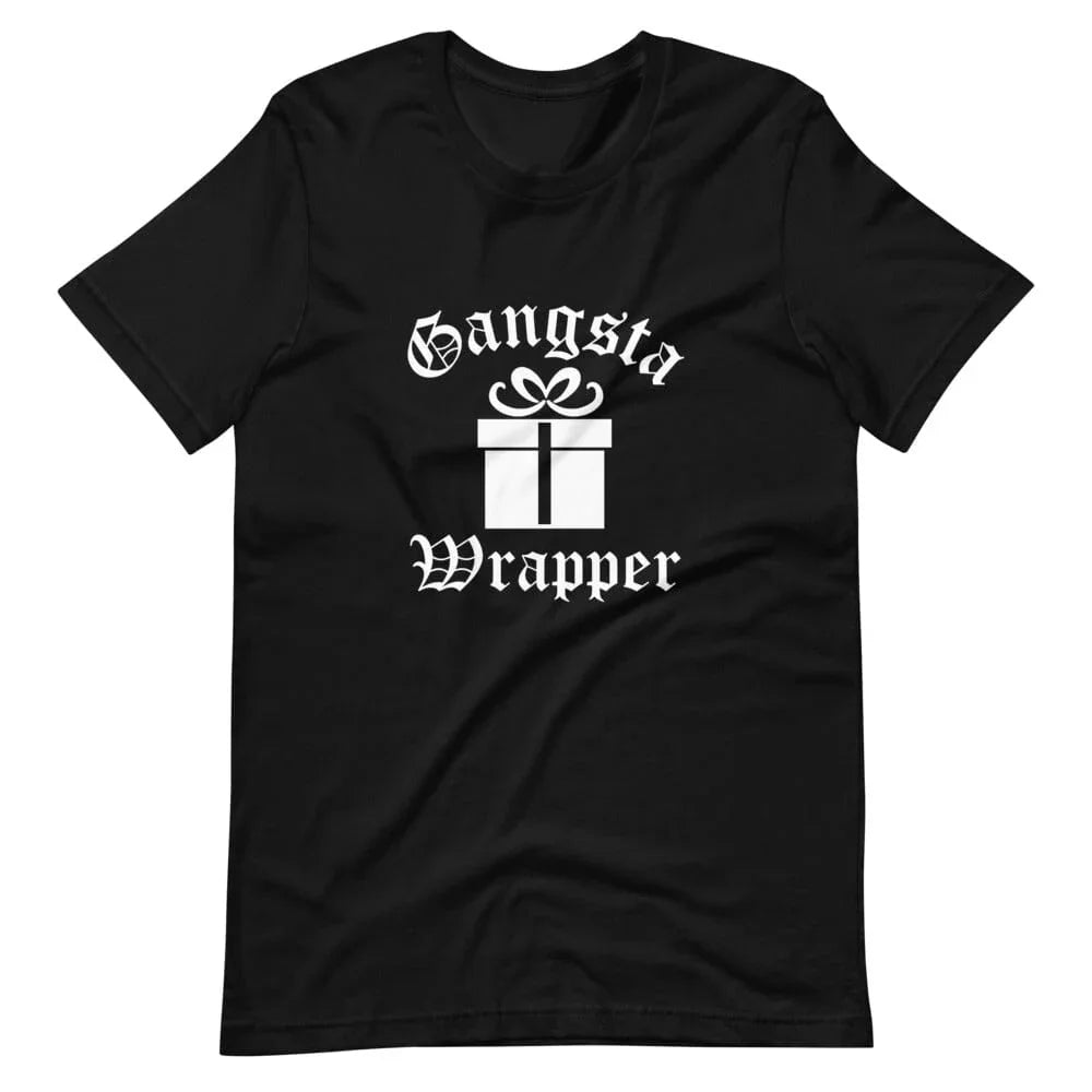 Black short-sleeve crewneck tee with centered white "Gangsta Wrapper" graphic