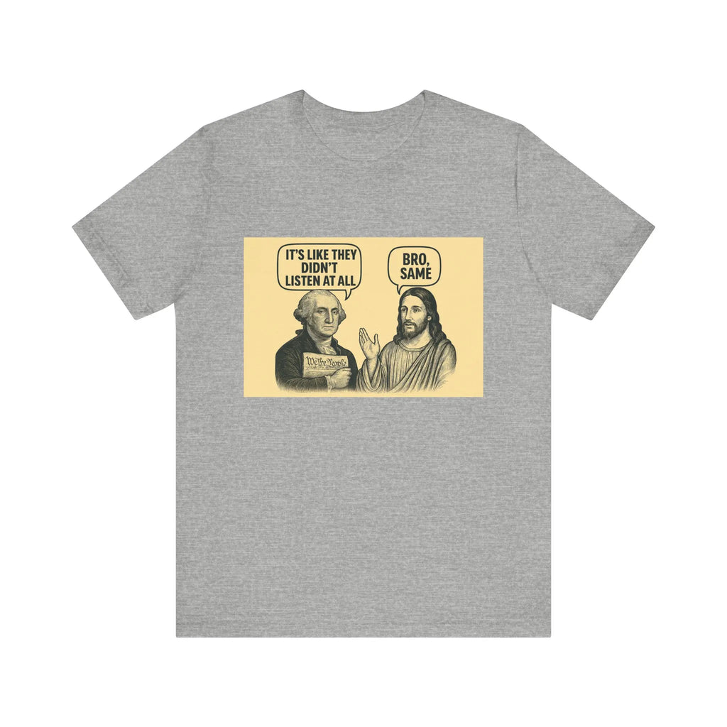 Heather gray unisex T-shirt with centered illustrated graphic and text on a beige rectangle.