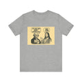 Heather gray unisex T-shirt with centered illustrated graphic and text on a beige rectangle.