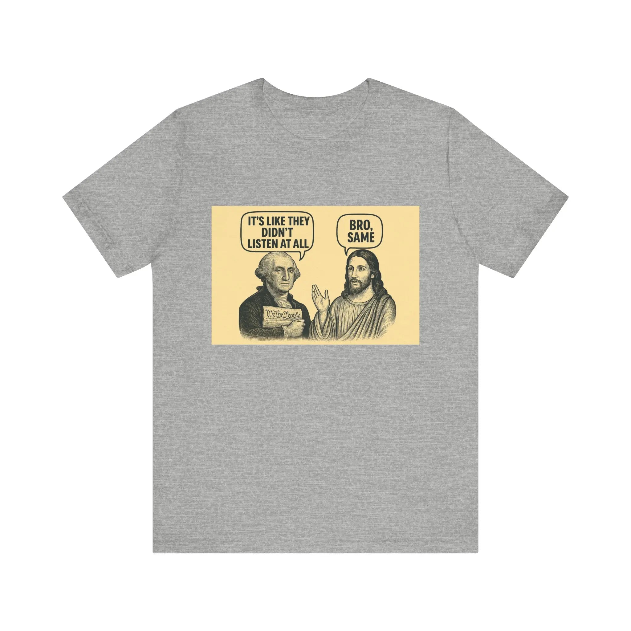 Heather gray unisex T-shirt with centered illustrated graphic and text on a beige rectangle.