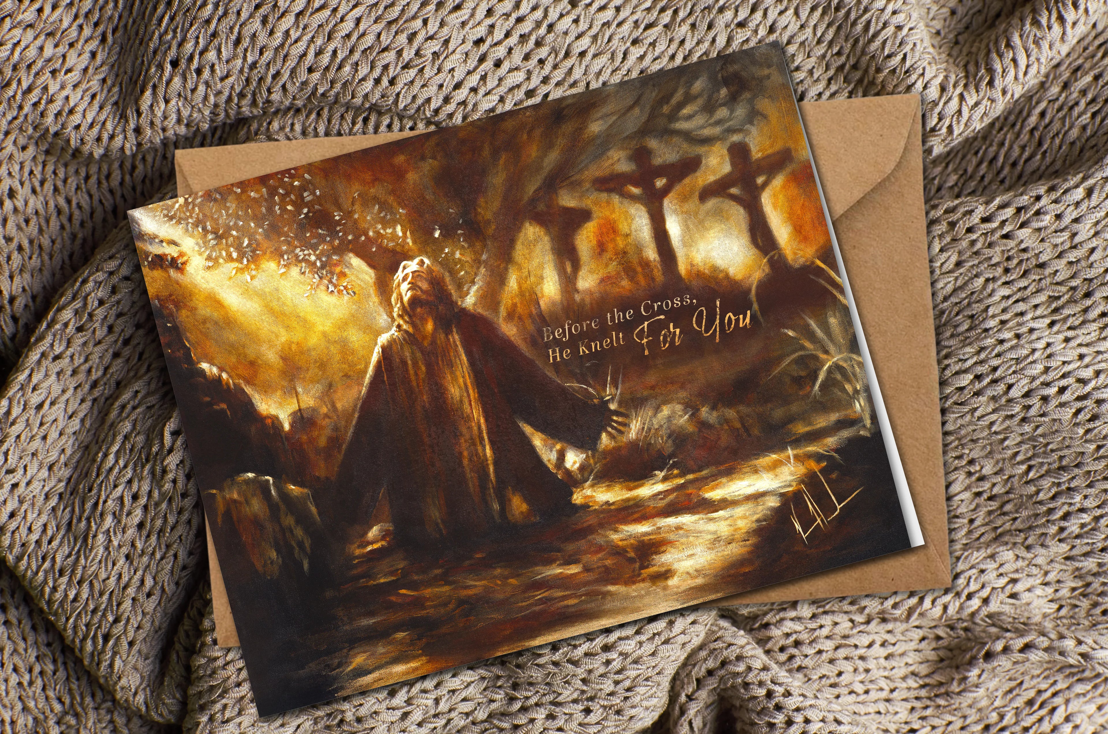 Easter greeting card with dramatic cross scene and scripture lettering on brown cover