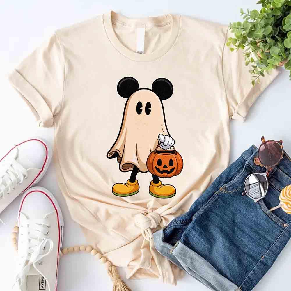 Cream Halloween ghost T-shirt with Mickey-style ears and pumpkin pail graphic