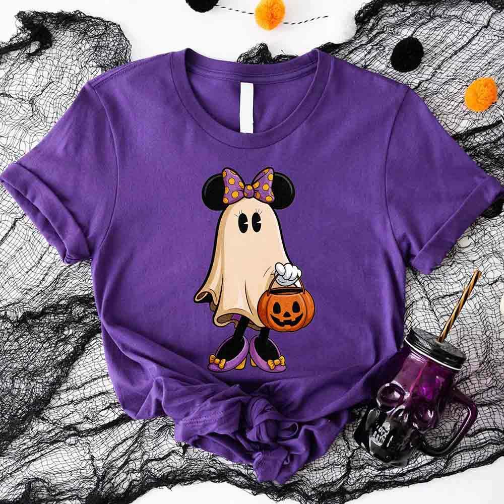 Purple Halloween ghost T-shirt with Mickey-style ears and pumpkin pail graphic