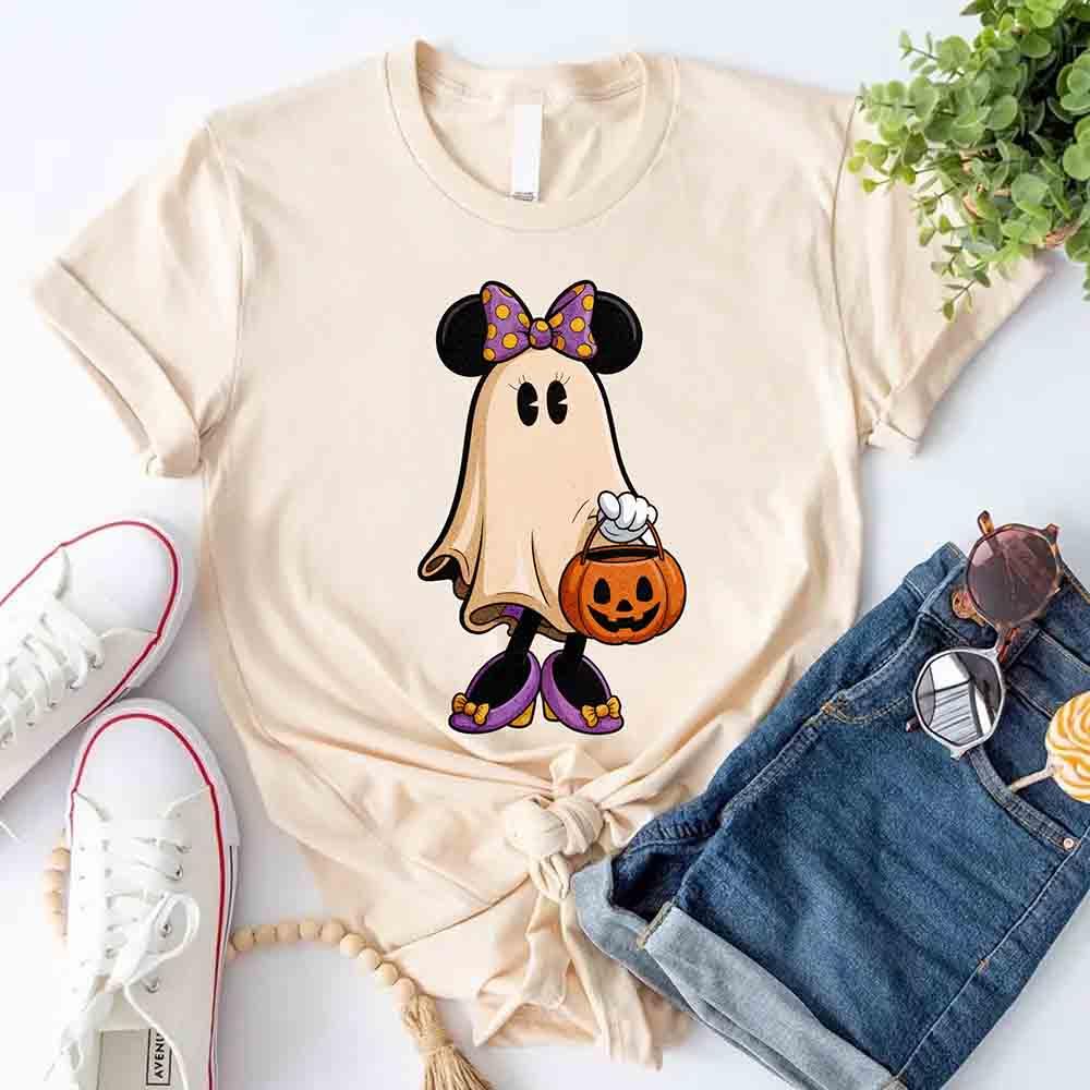 Cream Halloween ghost T-shirt with Mickey-style ears and pumpkin pail graphic