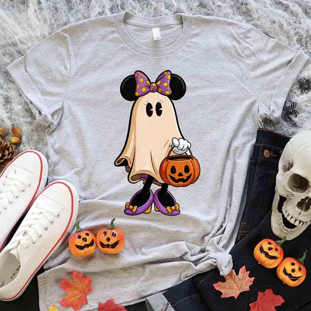 Light grey Halloween ghost T-shirt with jack-o-lantern pumpkin character illustration
