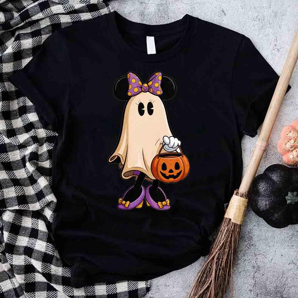Black Halloween ghost T-shirt with jack-o-lantern pumpkin holding illustration