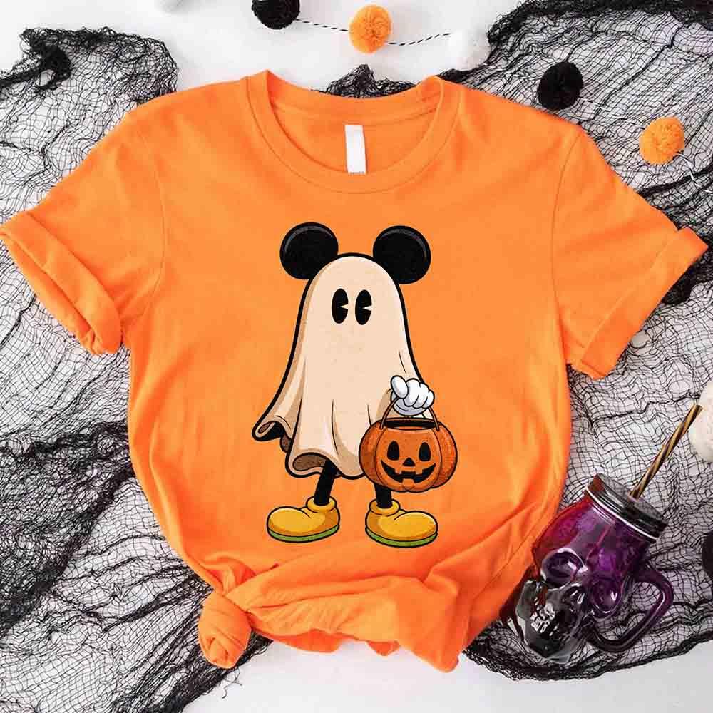 Orange Halloween ghost T-shirt with Mickey-style ears and pumpkin pail graphic