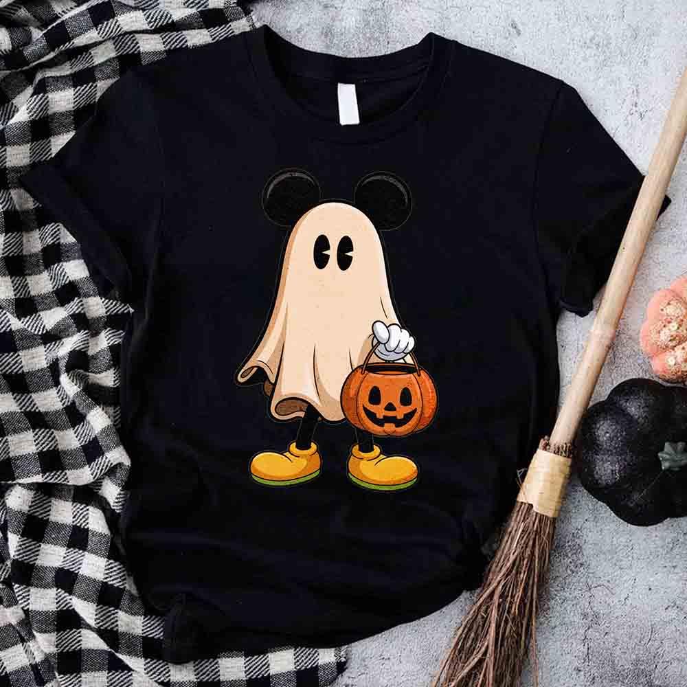 Black Halloween ghost T-shirt with Mickey-style ears and pumpkin pail graphic