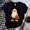 Black Halloween ghost T-shirt with Mickey-style ears and pumpkin pail graphic