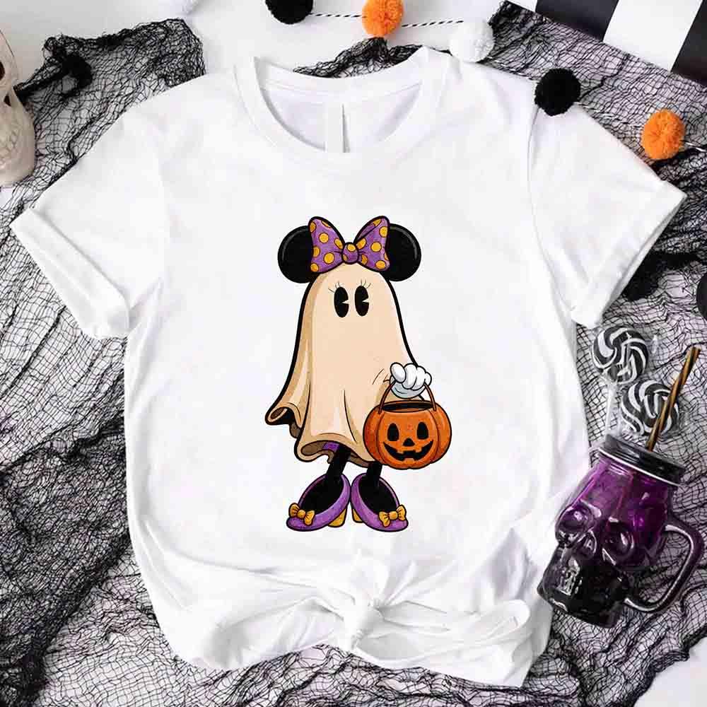 White Halloween ghost T-shirt with jack-o-lantern pumpkin character illustration