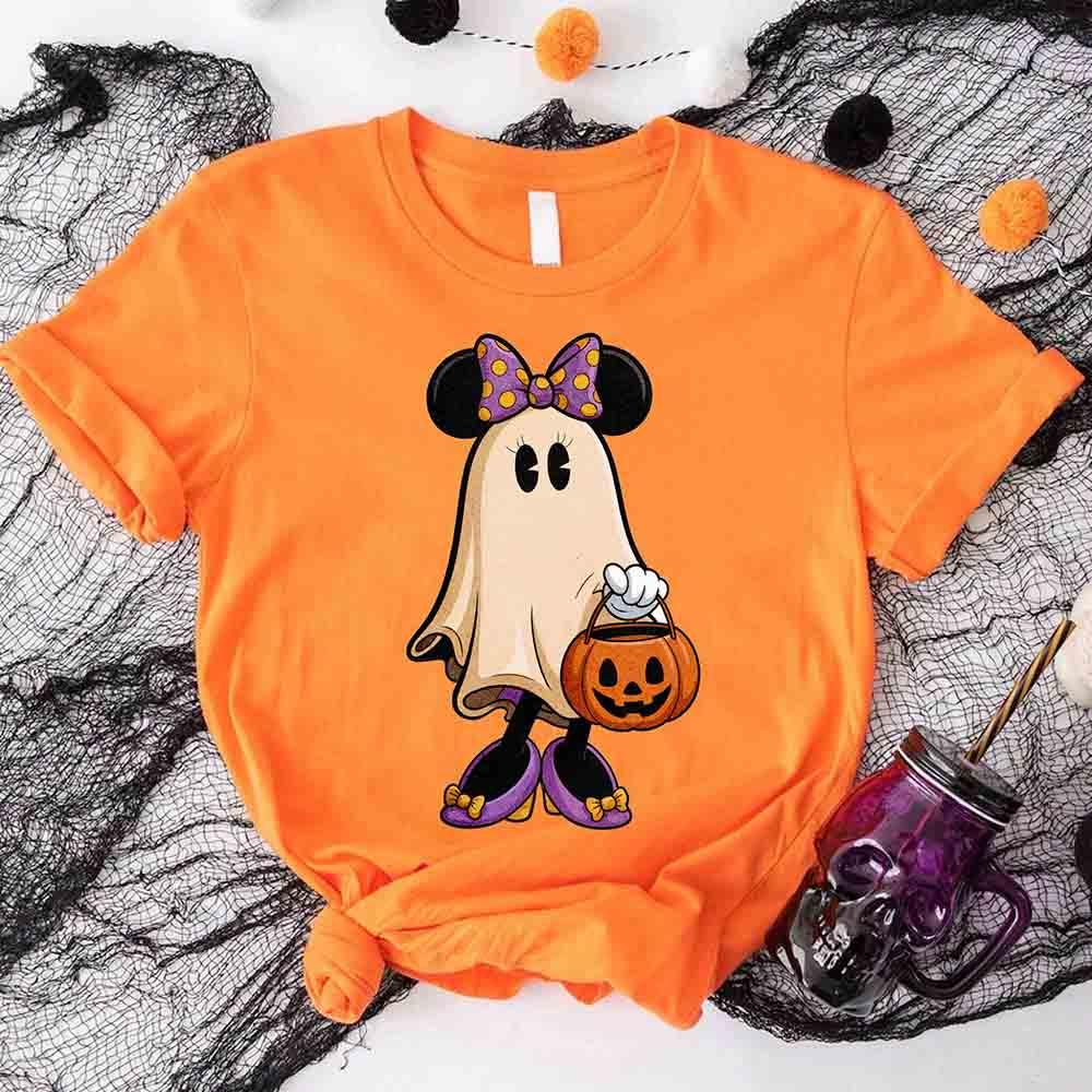 Orange Halloween ghost T-shirt with Mickey-style ears and pumpkin pail graphic