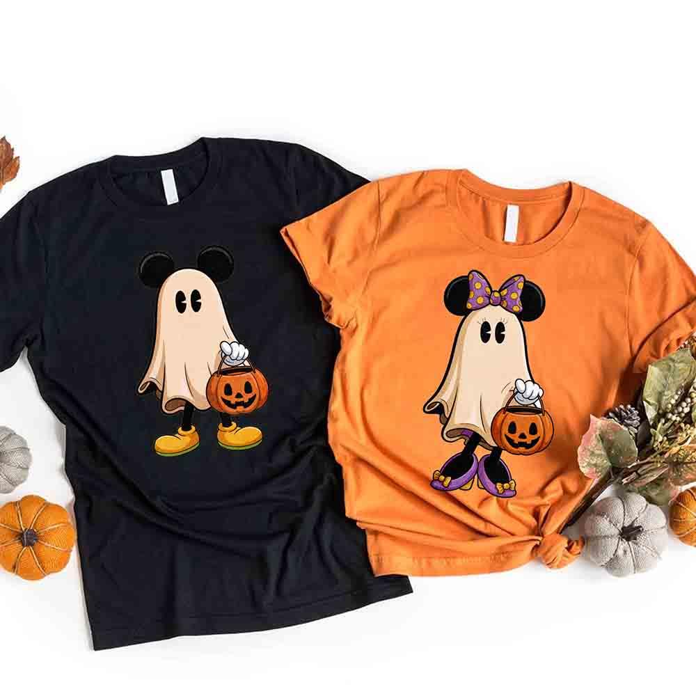 Black Halloween ghost character T-shirt with jack-o-lantern pumpkin graphic
