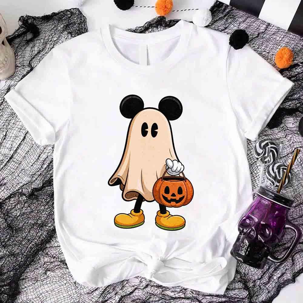 White Halloween ghost T-shirt with Mickey-style ears and pumpkin pail graphic