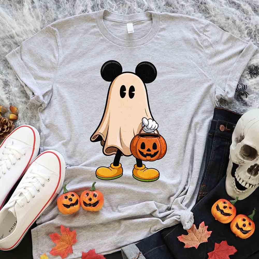 Light gray Halloween ghost T-shirt with Mickey-style ears and pumpkin pail graphic