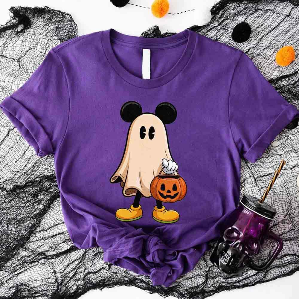 Purple Halloween ghost T-shirt with Mickey-style ears and pumpkin pail graphic