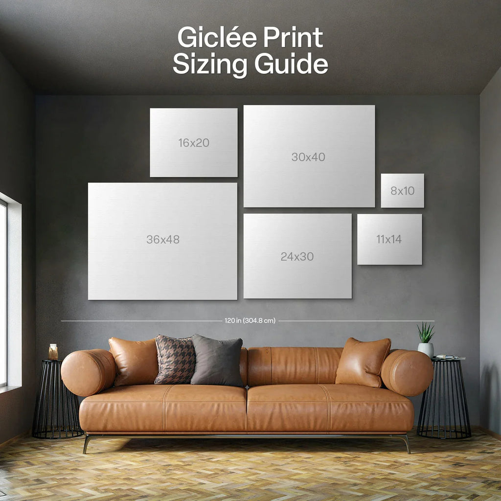 Giclée print sizing guide with boxed size options above a sofa mockup