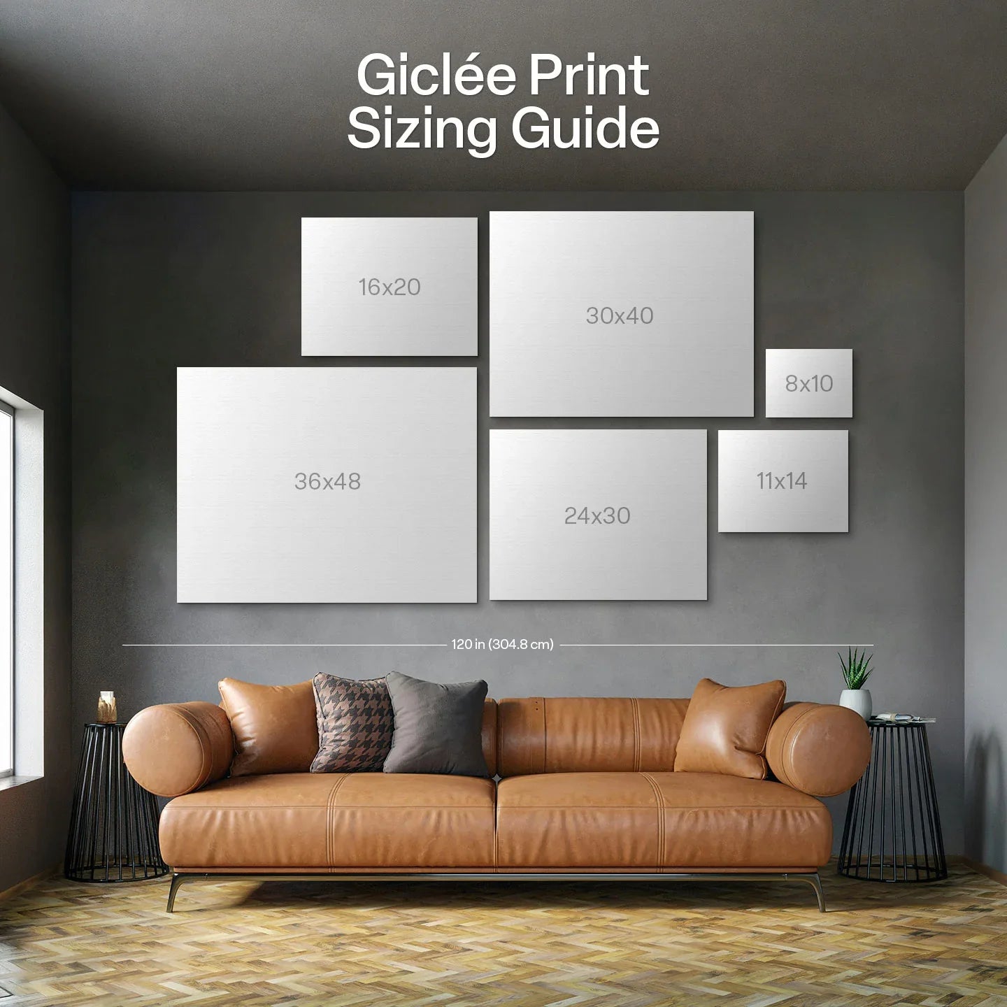 Giclée print sizing guide with boxed size options above a sofa mockup