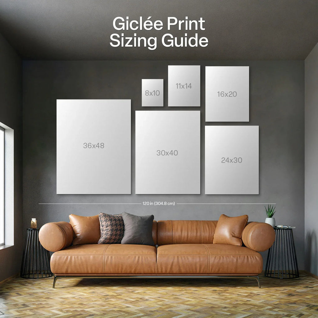 Giclée print sizing guide with labeled black-and-white portrait print size boxes