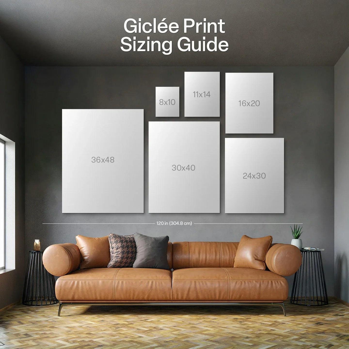 Giclée print sizing guide with labeled black-and-white portrait print size boxes