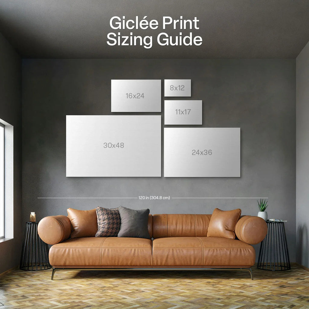 Giclée print sizing guide chart with labeled size rectangles