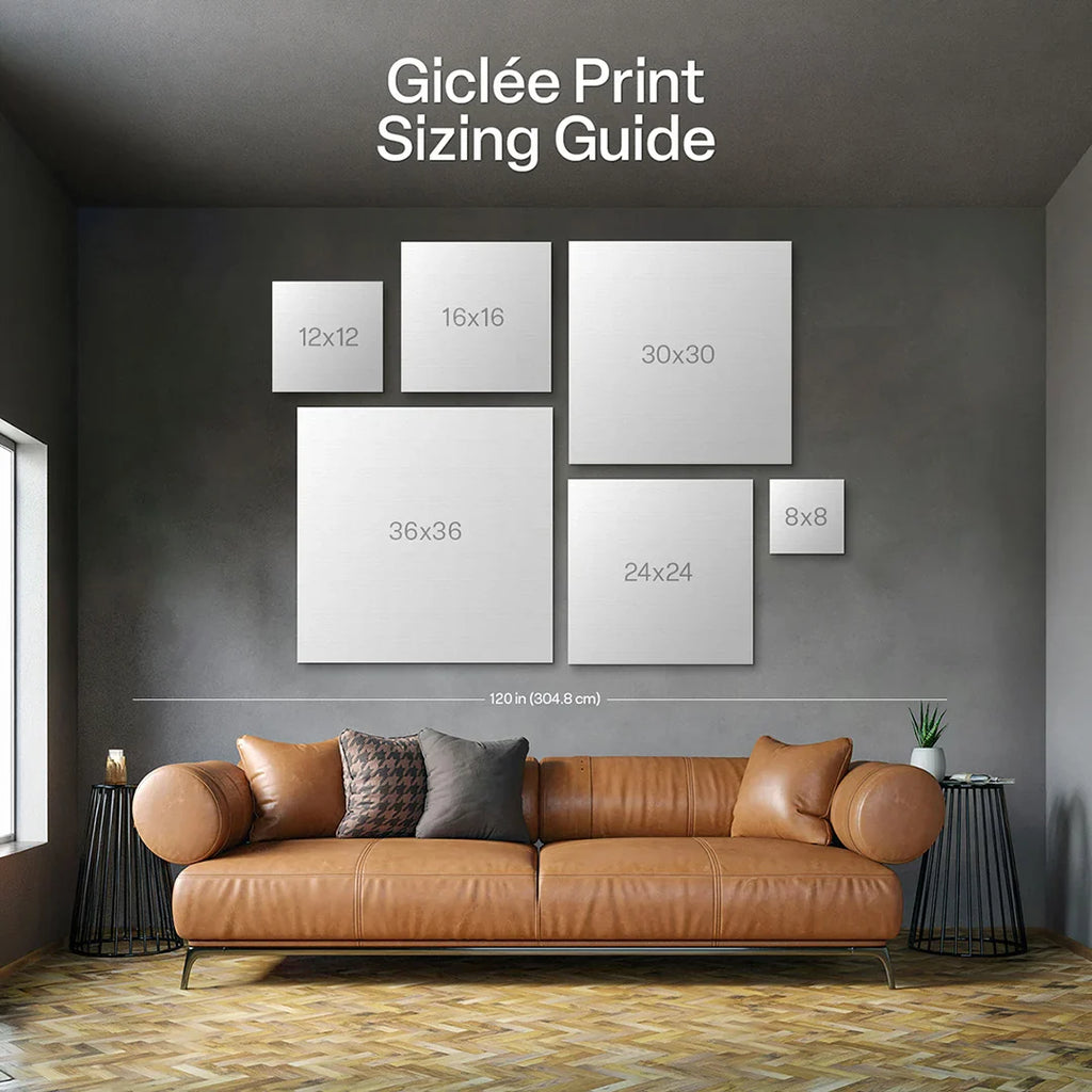Giclée print sizing guide with multiple framed square size boxes on wall