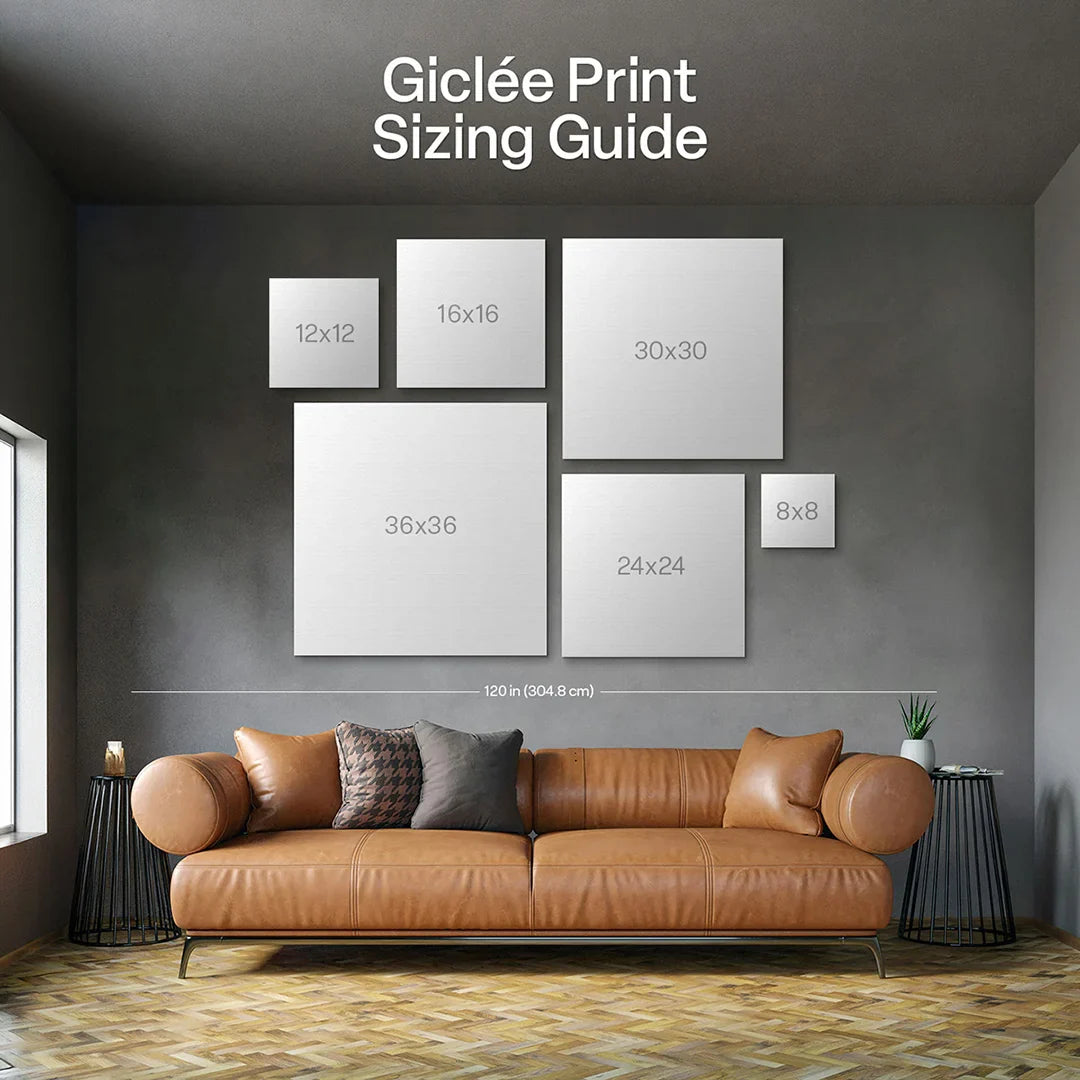 Giclée print sizing guide with multiple framed square size boxes on wall