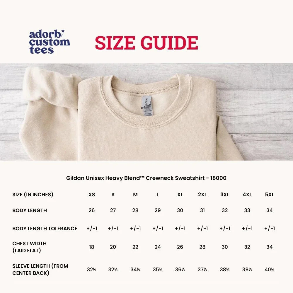 Size guide chart for Gildan Unisex Heavy Blend crewneck sweatshirt