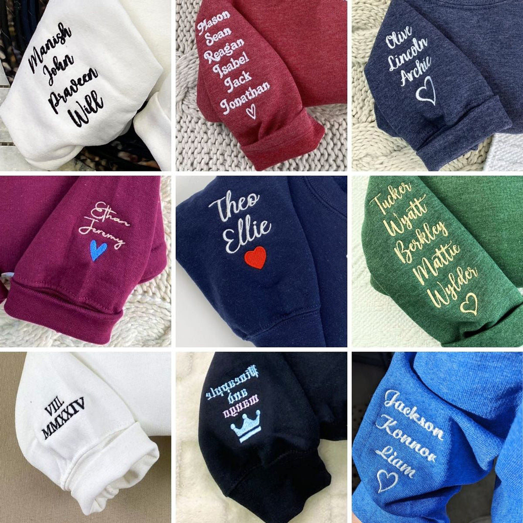 Embroidered sweatshirt sleeves in white, burgundy, navy, purple, blue, and green colors
