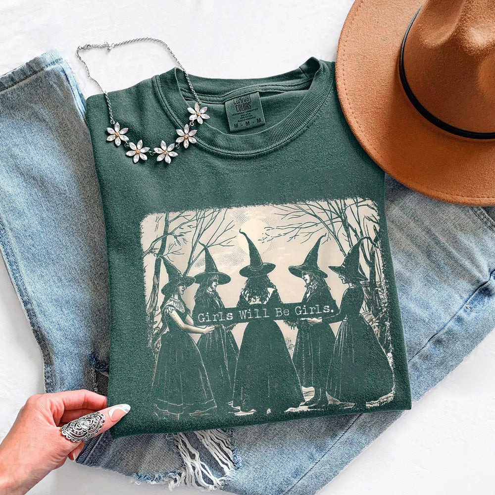 Girls dark green Halloween graphic t-shirt with witch and cat scene, crew neck