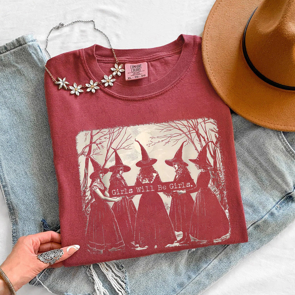 Girls' crimson red Halloween graphic T-shirt with witches and cats scene front