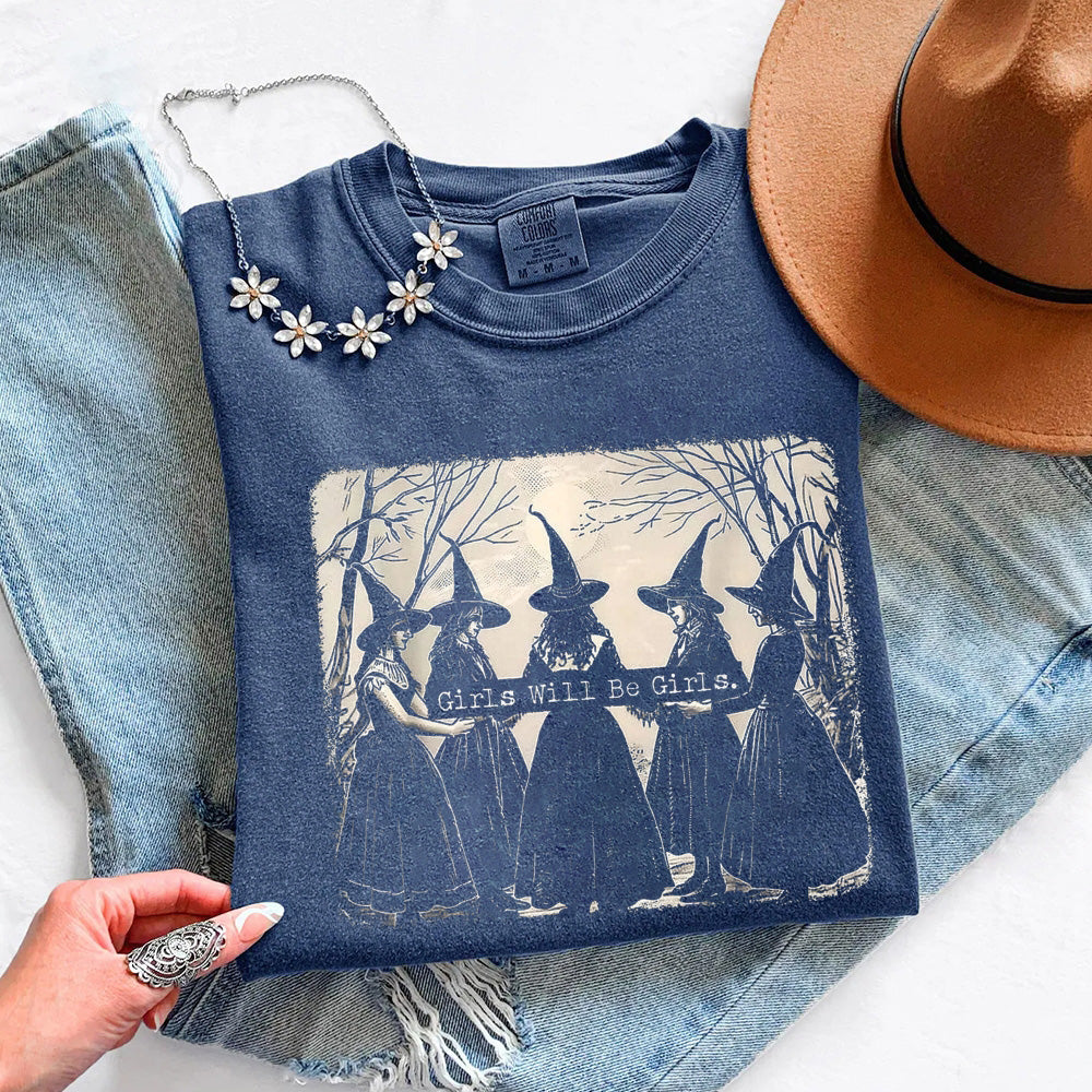 Girls' denim blue Halloween graphic T-shirt with three cats and bats illustration