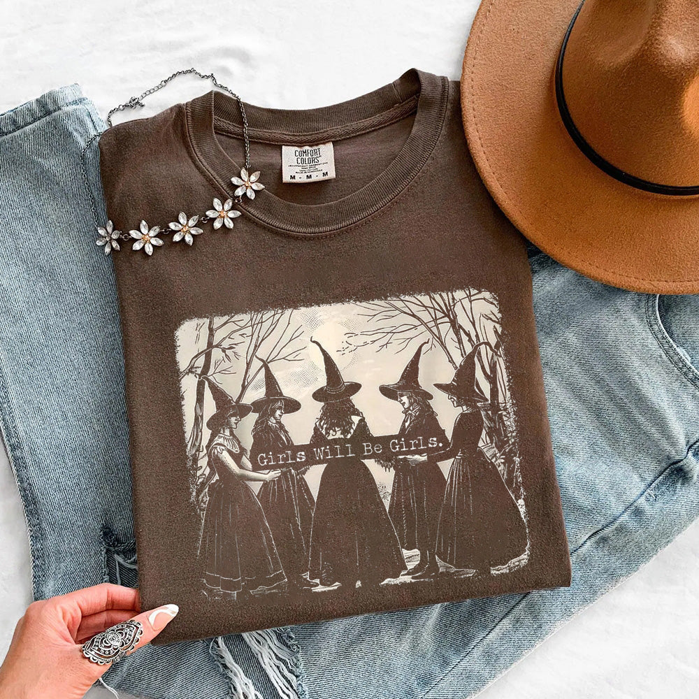 Girls' espresso brown Halloween graphic T-shirt with witches and cats front print