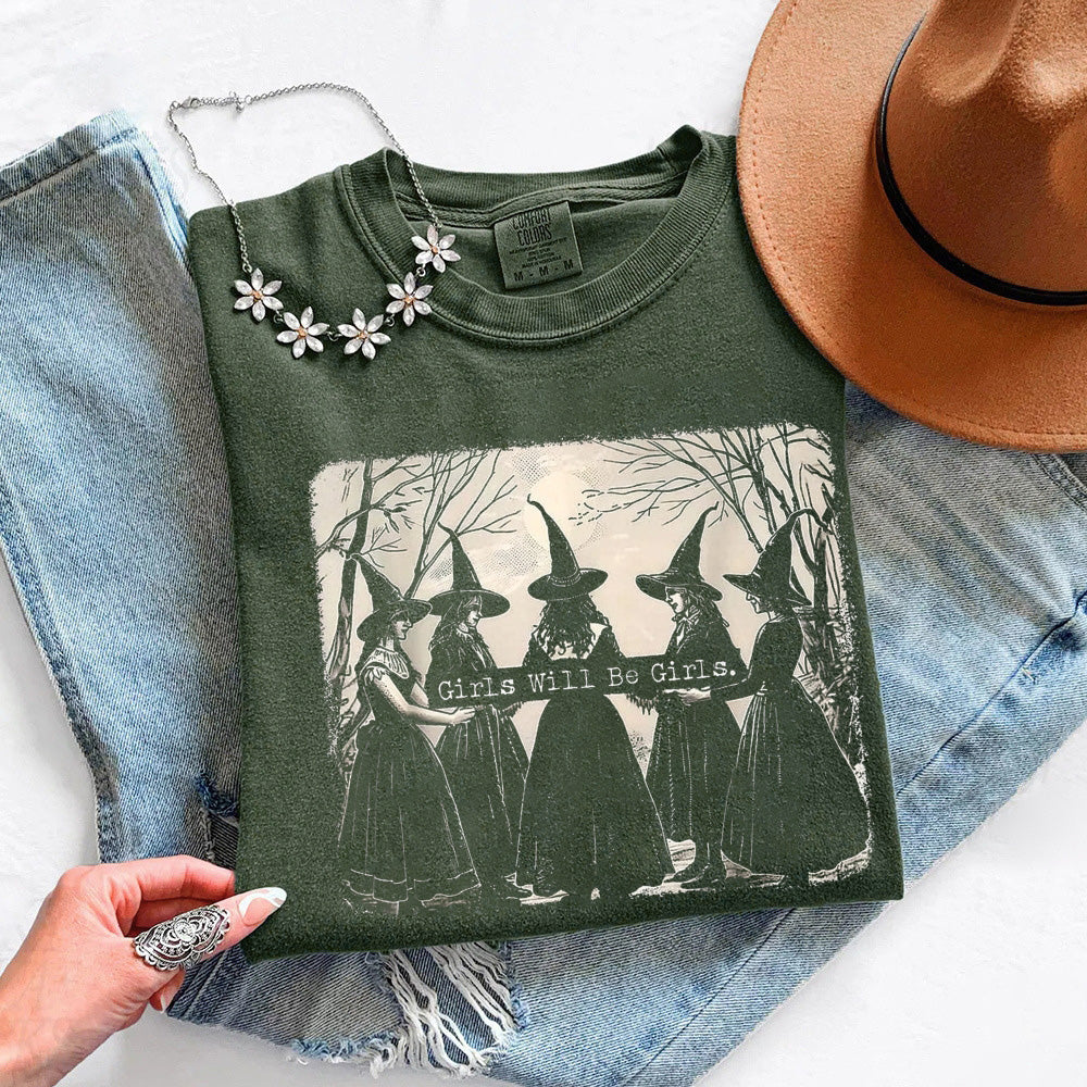 Girls' moss green Halloween graphic T-shirt with cats and witches scene print