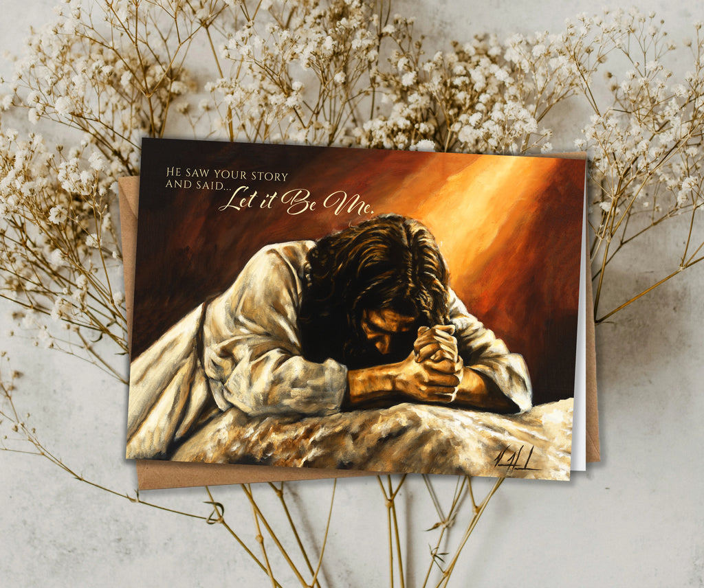 Easter greeting card with praying figure and glowing light artwork