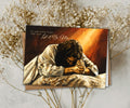 Easter greeting card with praying figure and glowing light artwork