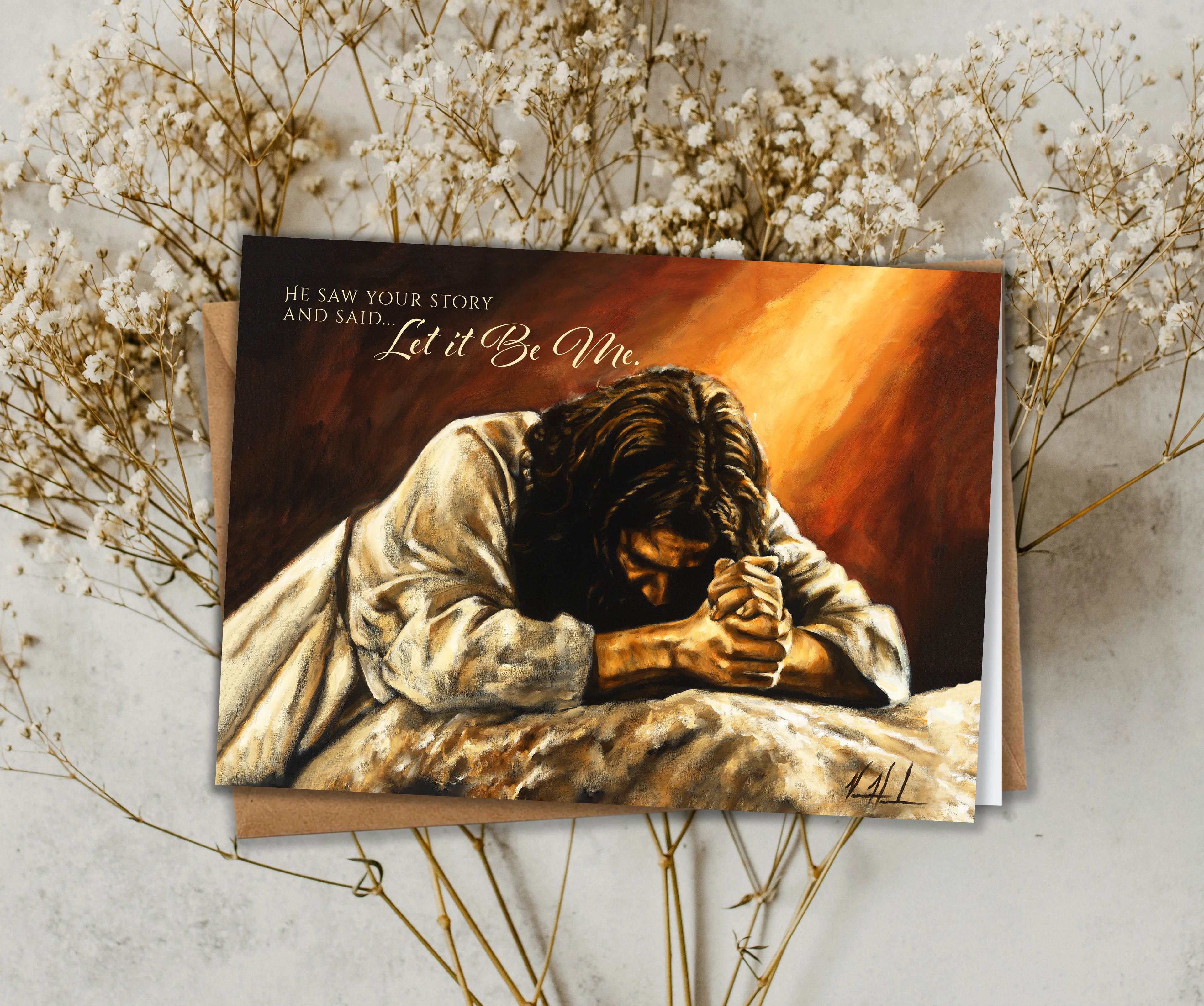 Easter greeting card with praying figure and glowing light artwork