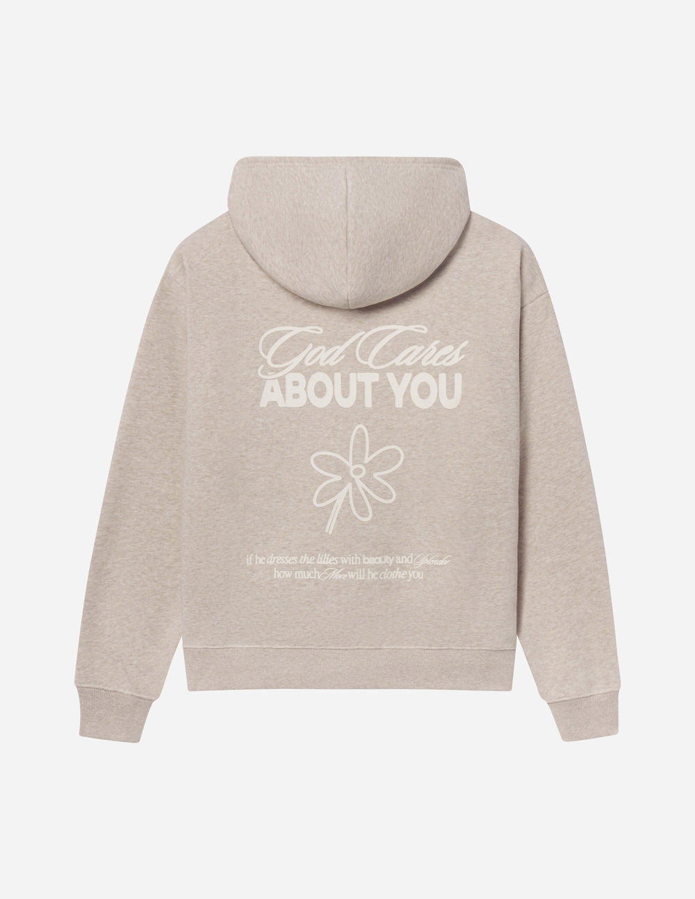 Light beige unisex pullover hoodie back print with "You Care" text and flower