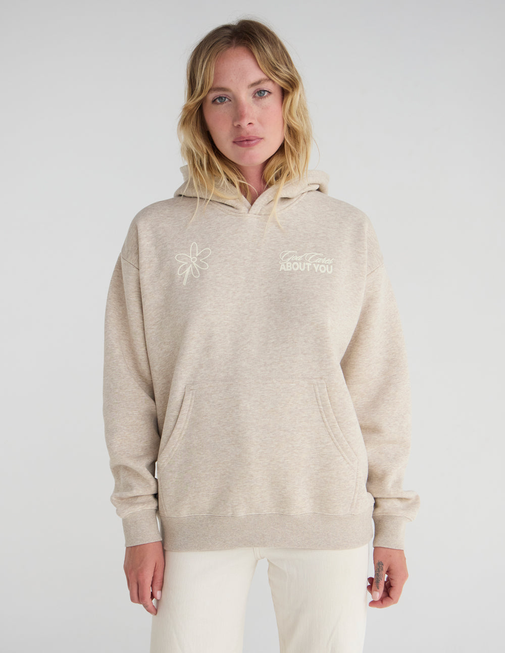 Unisex light beige hoodie with hood and front flower logo