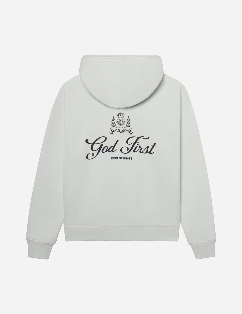 Unisex light cream hoodie with front kangaroo pocket and embroidered God First logo