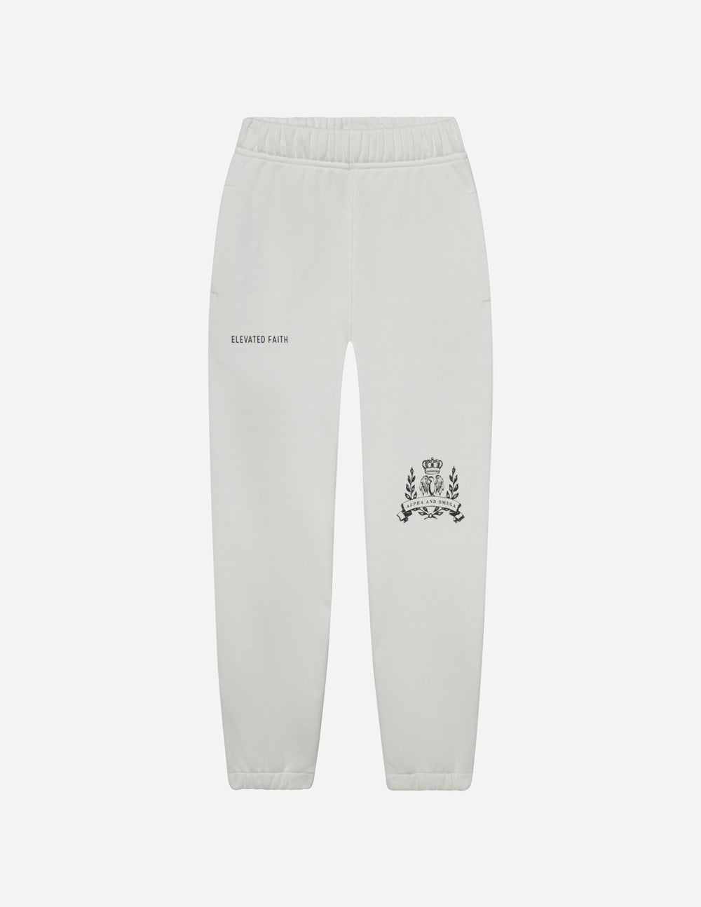 Unisex sweatpants, off-white, elastic waist and cuffs, crest logo on right leg