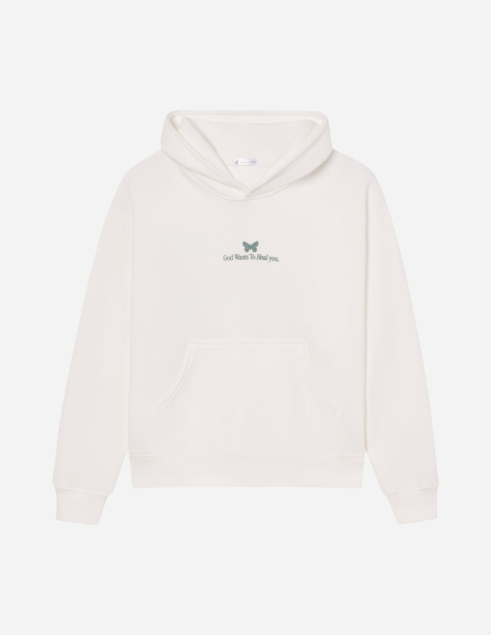 Cream unisex hoodie with small green chest logo and front kangaroo pocket
