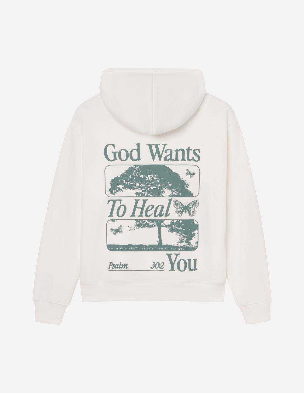 Cream unisex hoodie with large green back graphic and hood