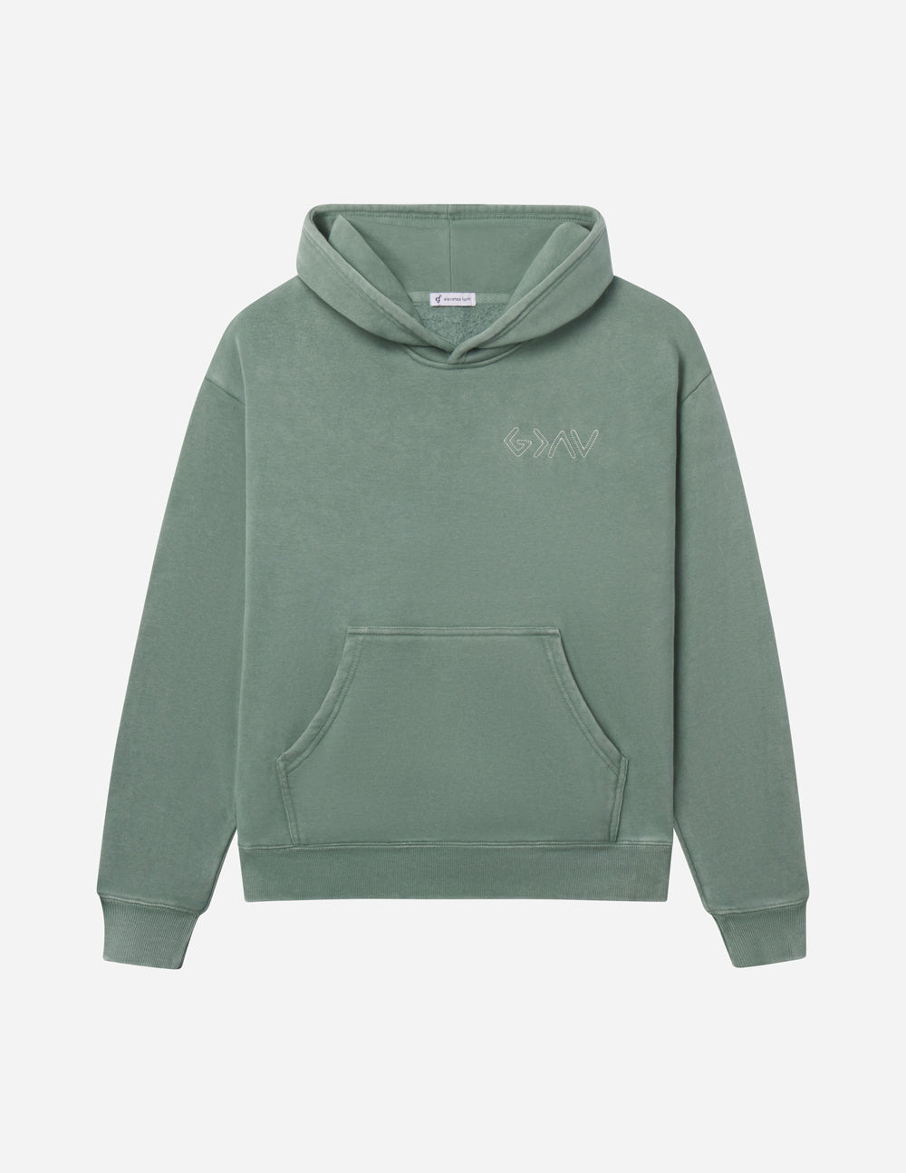 Sage green unisex hoodie with hood and front pocket, small chest emblem